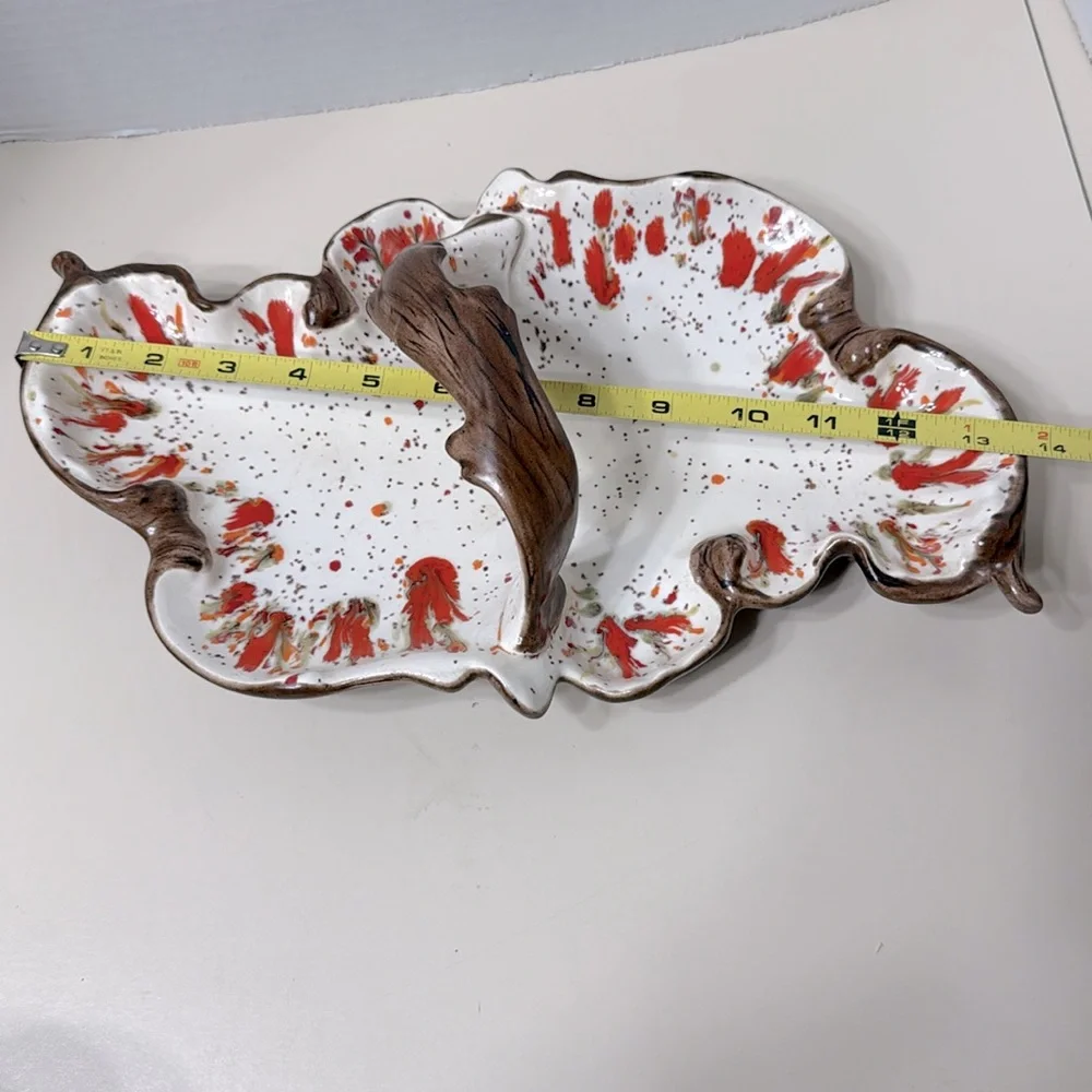 Vintage MCM Ceramic Speckled Splatter Drip Glaze Handle Autumn Leaf Dish Signed